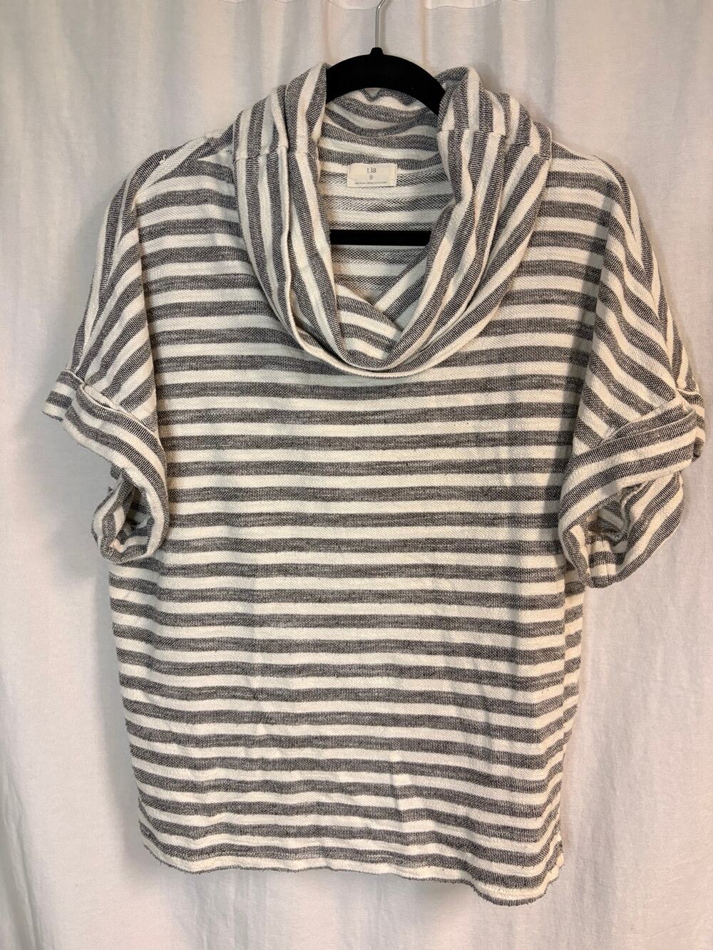 T.La Anthropologie Gray Ivory Striped Cowl Neck Poncho Top Size S USA Made